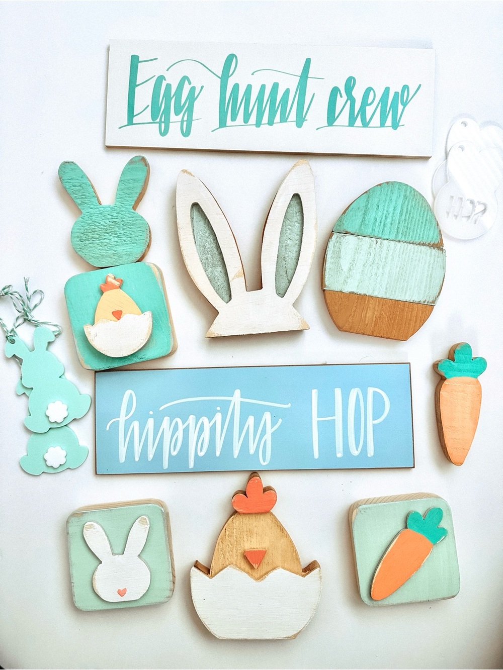 Easter Bunny & Chick Wooden Sign Set - Mint, White, Coral